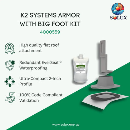 This is a promotional image of k2 systems armor with big foot kit, a high quality flat roof attachment, 100% code compliant validation, with solux energy logo