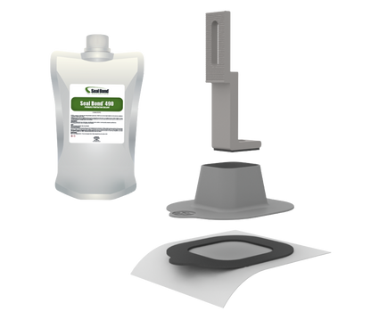 TootalSeal Seal Roof 409 waterproofing kit components on a white background, including a translucent refill pouch with a green and white label, a gray plastic mounting bracket, a gray base piece, and a black rubber gasket on a sheet.