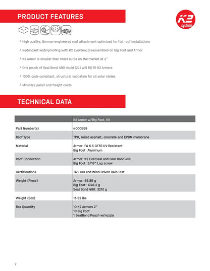 A product information sheet page for K2 Armor waterproofing, showing product features and technical data in a table format with red headers on a white background.