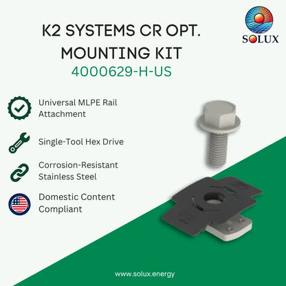 SOLUX K2 Systems CR Opt. Mounting Kit 4000629-H-US featuring a stainless steel hex drive bolt and a black metal bracket, presented on a split white and green background with product features listed on the left.