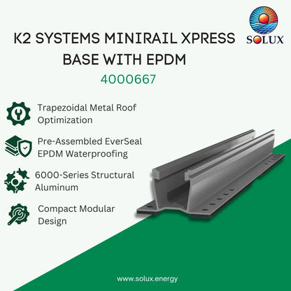 Promotional graphic for the Solux K2 Systems Minirail Xpress Base with EPDM, showing a metallic rail profile on a green and white background with feature callouts and the Solux logo.