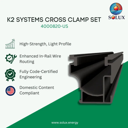 SOLUX K2 Systems Cross Clamp Set 4000820-US promotional graphic showing a black cross clamp profile on a white and green background with feature callouts.