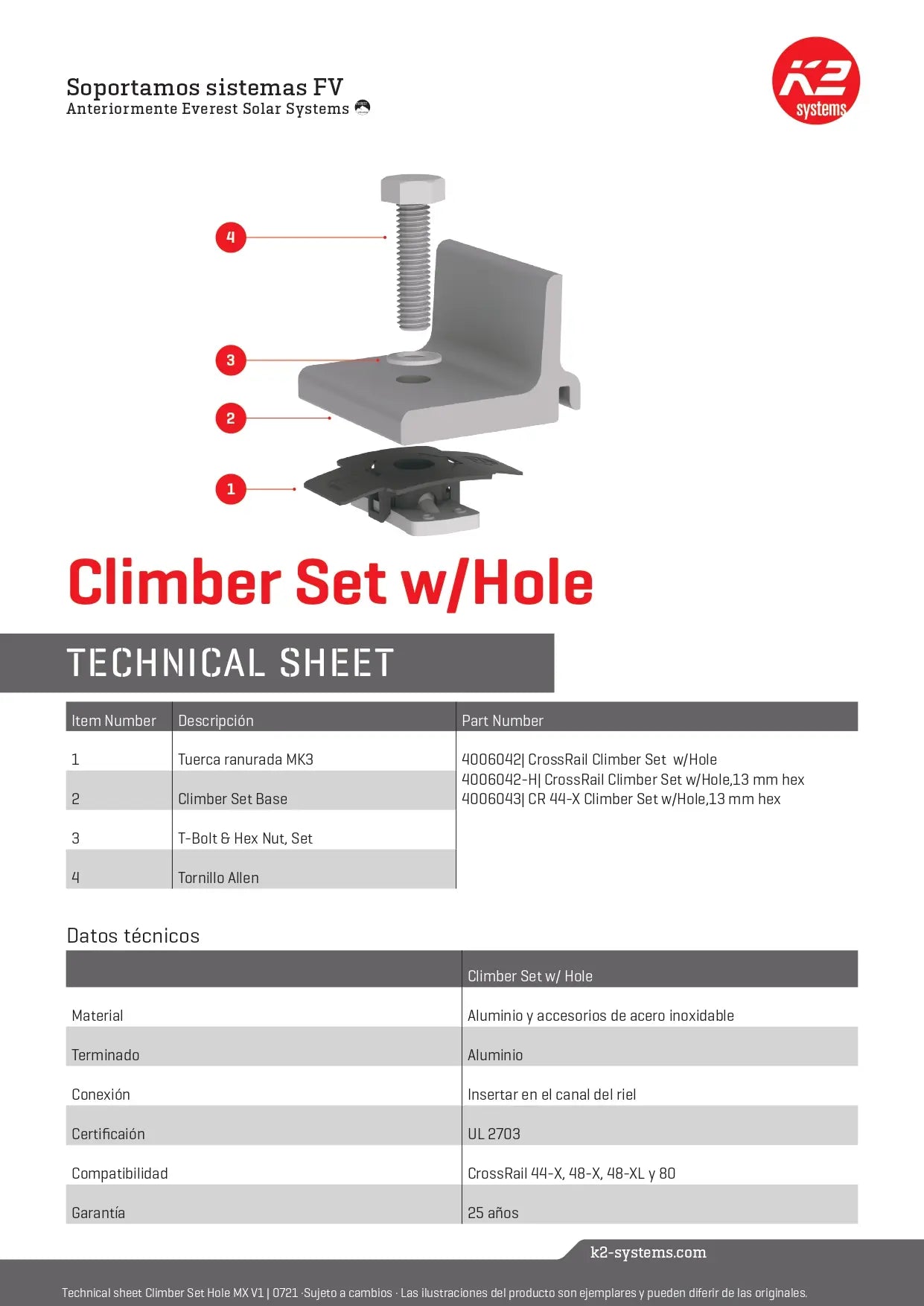 4006043 climber set by K2 Systems featuring a silver aluminum L-bracket with a pre-drilled hole, stainless steel hex bolt, and a T-bolt mounting assembly for CrossRail 44-X systems.