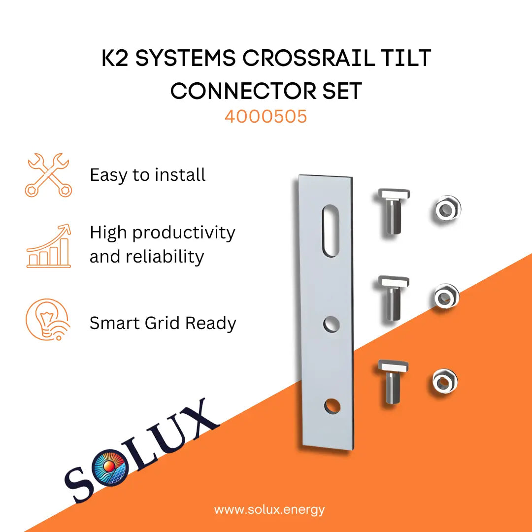 Tilt Connector Set for K2 Systems CrossRail (4000505) featuring an aluminum splice plate with three pre-drilled holes, accompanied by three T-bolts and three hex nuts for rail-to-rail structural connection.