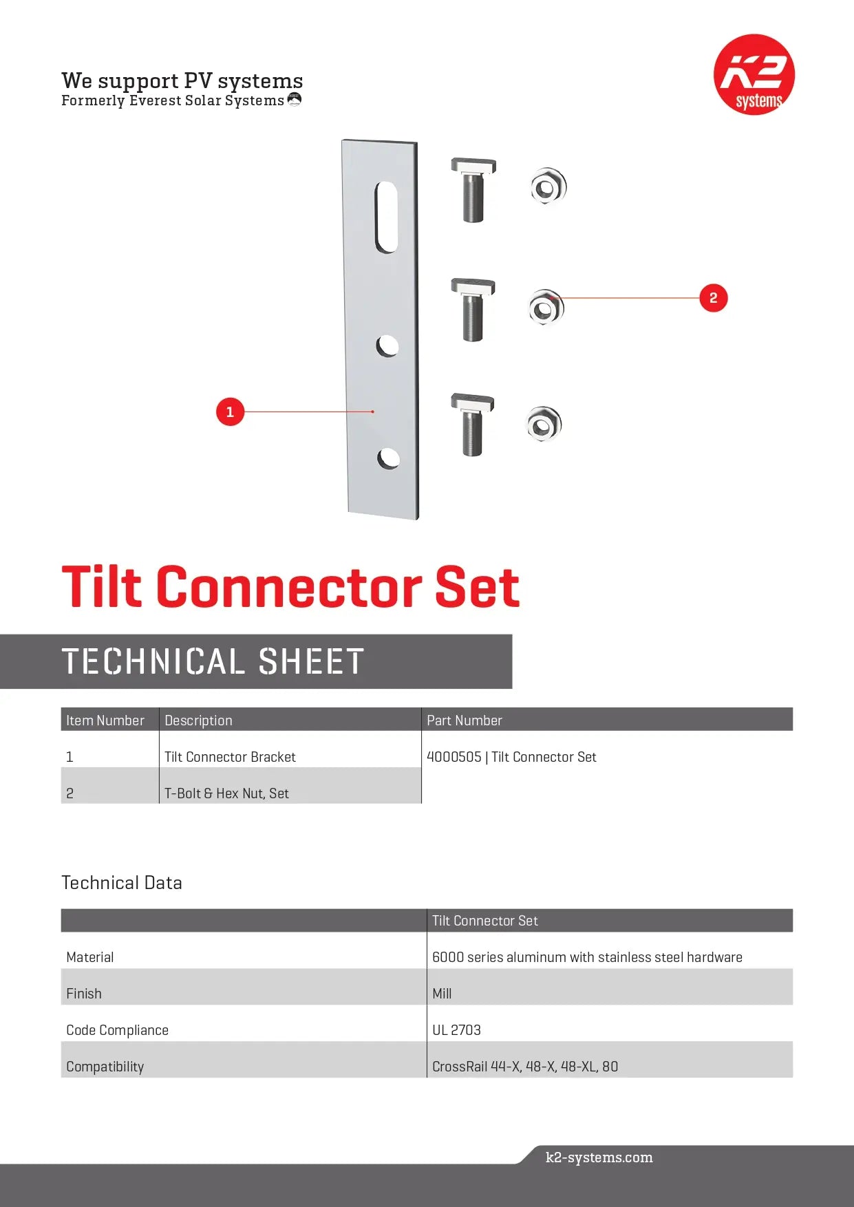 Technical data sheet for the 4000505 tilt connector, detailing the mill-finish 6000 series aluminum splice plate and accompanying T-bolt hardware for K2 CrossRail systems.