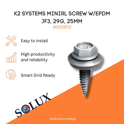 K2 Rail Screw w/ EPDM JF3, 29g, 25mm (4000672) for Mini Rail, stainless steel watertight mounting hardware featuring a self-drilling tip, hex head, and a thick integrated EPDM sealing washer.