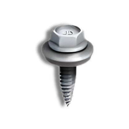 Close-up of a K2 Systems MiniRL stainless steel screw (4000672) featuring a self-drilling tip, hex head, and a thick integrated EPDM sealing washer for watertight solar mounting.