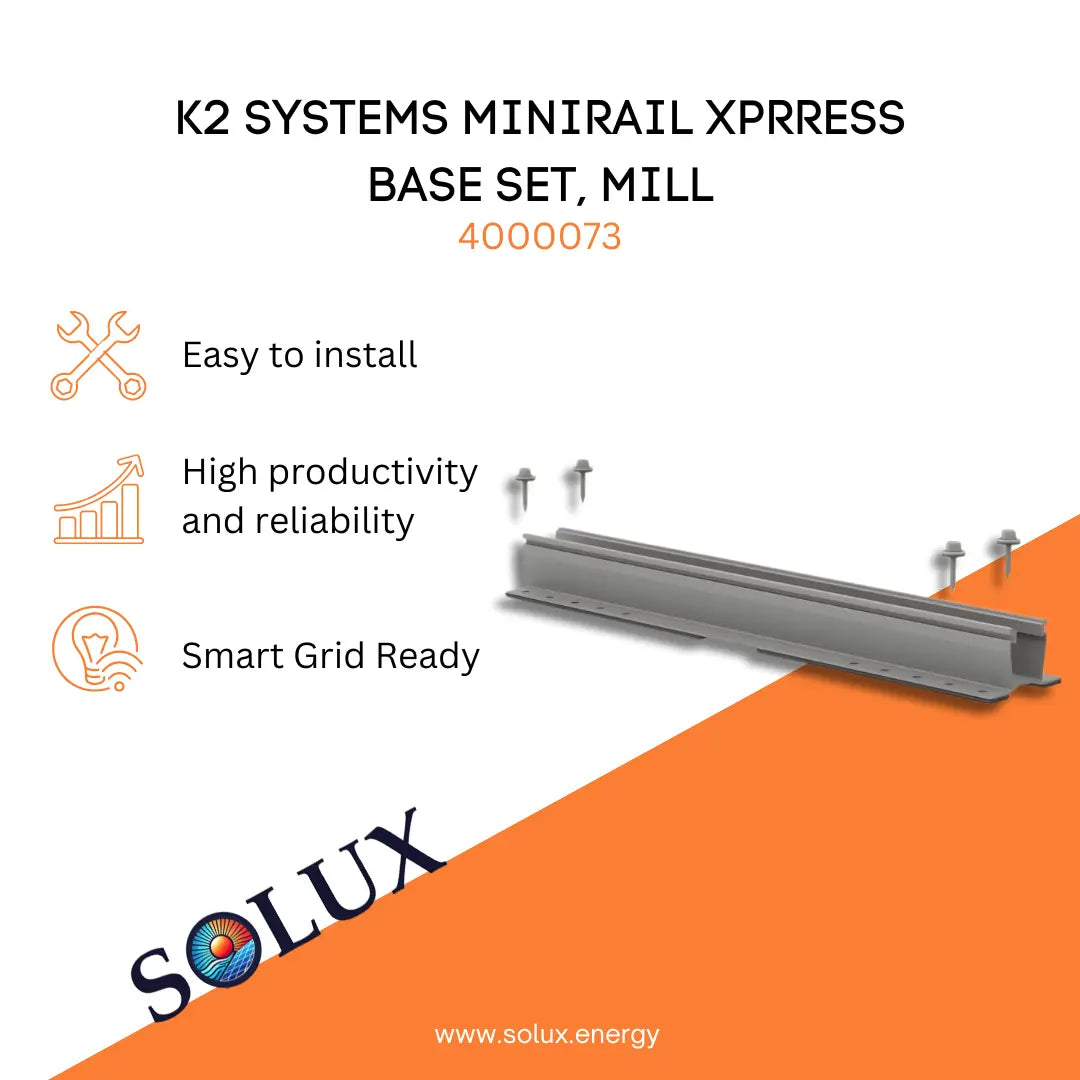 K2 Mini Rail XPRress Base Set, Mill (4000073), a 17-inch EPDM-sealed kit for watertight metal roof solar mounting.