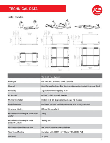 Technical data sheet for the 4000193 roof protection pads (South Face Mat/Spacer Pad) by K2 Systems, illustrating the stackable polymer design with precise dimensional measurements for leveling flat-roof solar arrays.
