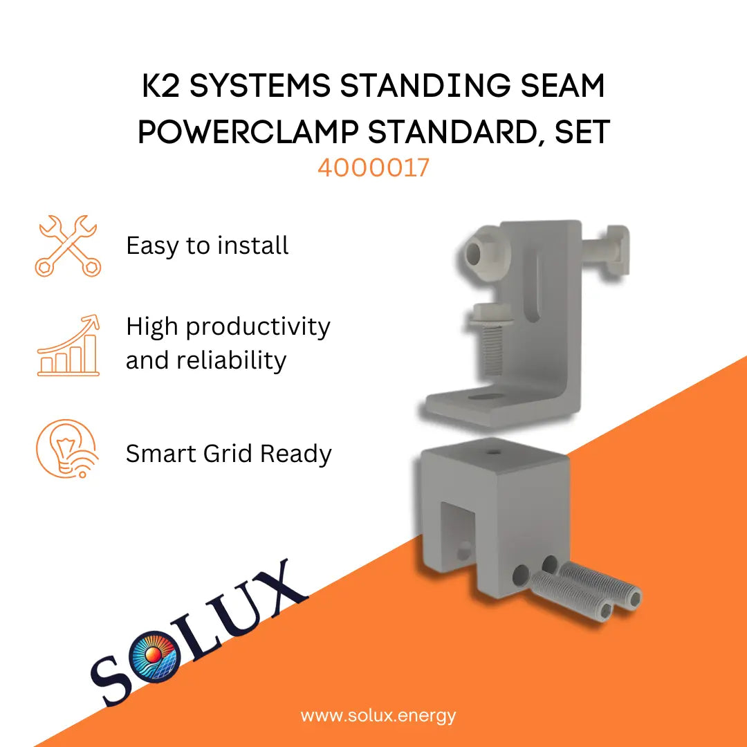 K2 Systems Standing Seam PowerClamp Standard Set (4000017) marketing graphic featuring a mill-finish aluminum non-penetrating roof clamp and L-bracket assembly, displayed with icons for installation efficiency and system reliability.