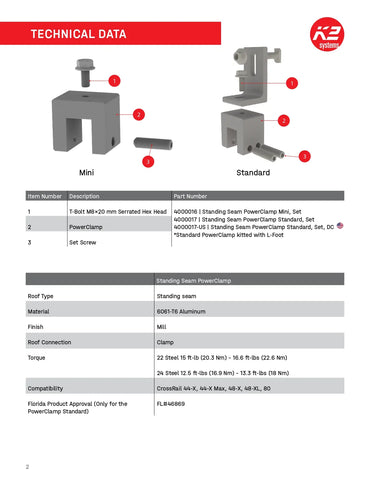 Technical data sheet for the 4000017 standing seam solar clamps (K2 Systems PowerClamp Standard Set), featuring diagrams of the mill-finish 6061-T6 aluminum clamp and L-foot assembly, with technical specifications including Florida Product Approval (FL#46869) and compatibility with CrossRail 44-X, 48-X, and 80 profiles.