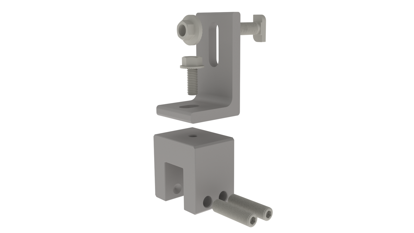 Product image of 4000017 showing a silver aluminum L-foot bracket assembly with mounting bolts. The kit includes a slotted vertical bracket, a base mount component, and various securing hardware.