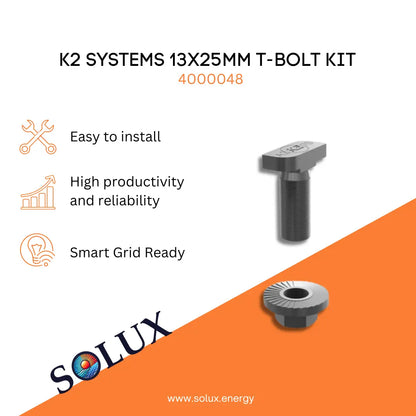 K2 Systems 13x25mm T-bolt kit with Solux logo on a white and orange background
