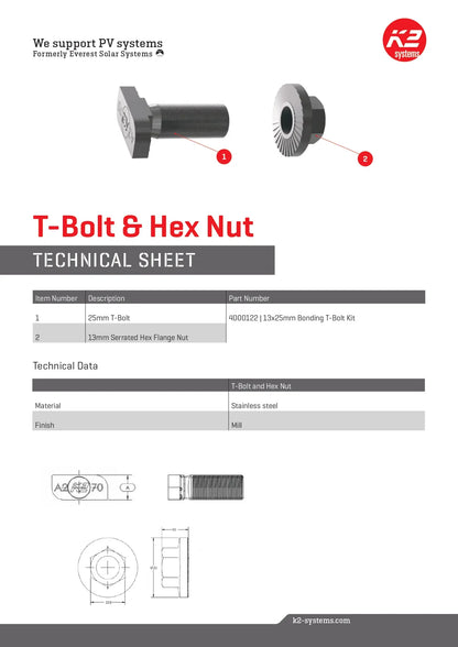Technical sheet for T-Bolt & Hex Nut with K2 Systems branding