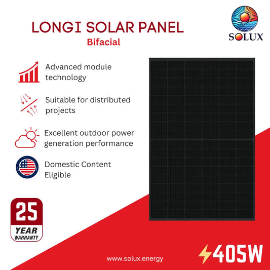 This is an image of Domestic content eligible LONGI LR5-54HPB-405M 405 Watt Bifacial Solar Panel - DC