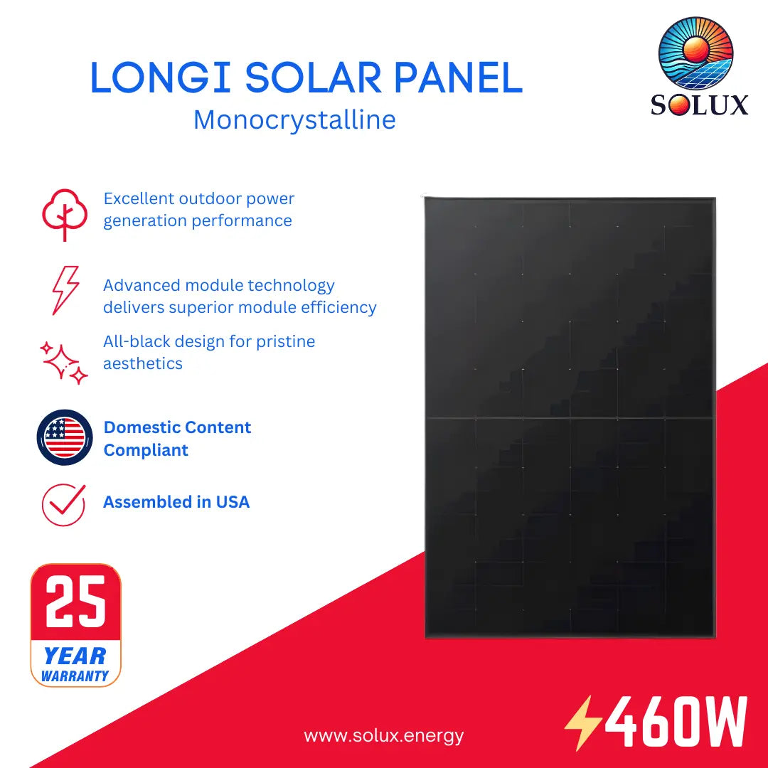LONGI Solar Panel 405W LR5-54HPB-405M Domestic Content graphic with all-black panel, USA assembly, and 25-year warranty