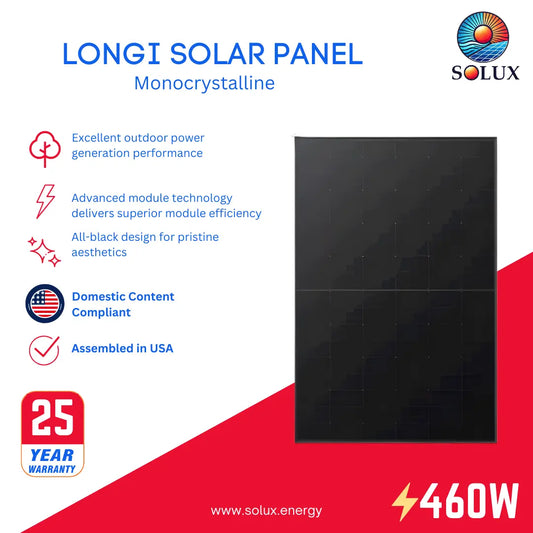LONGI Solar Panel 405W LR5-54HPB-405M Domestic Content graphic with all-black panel, USA assembly, and 25-year warranty