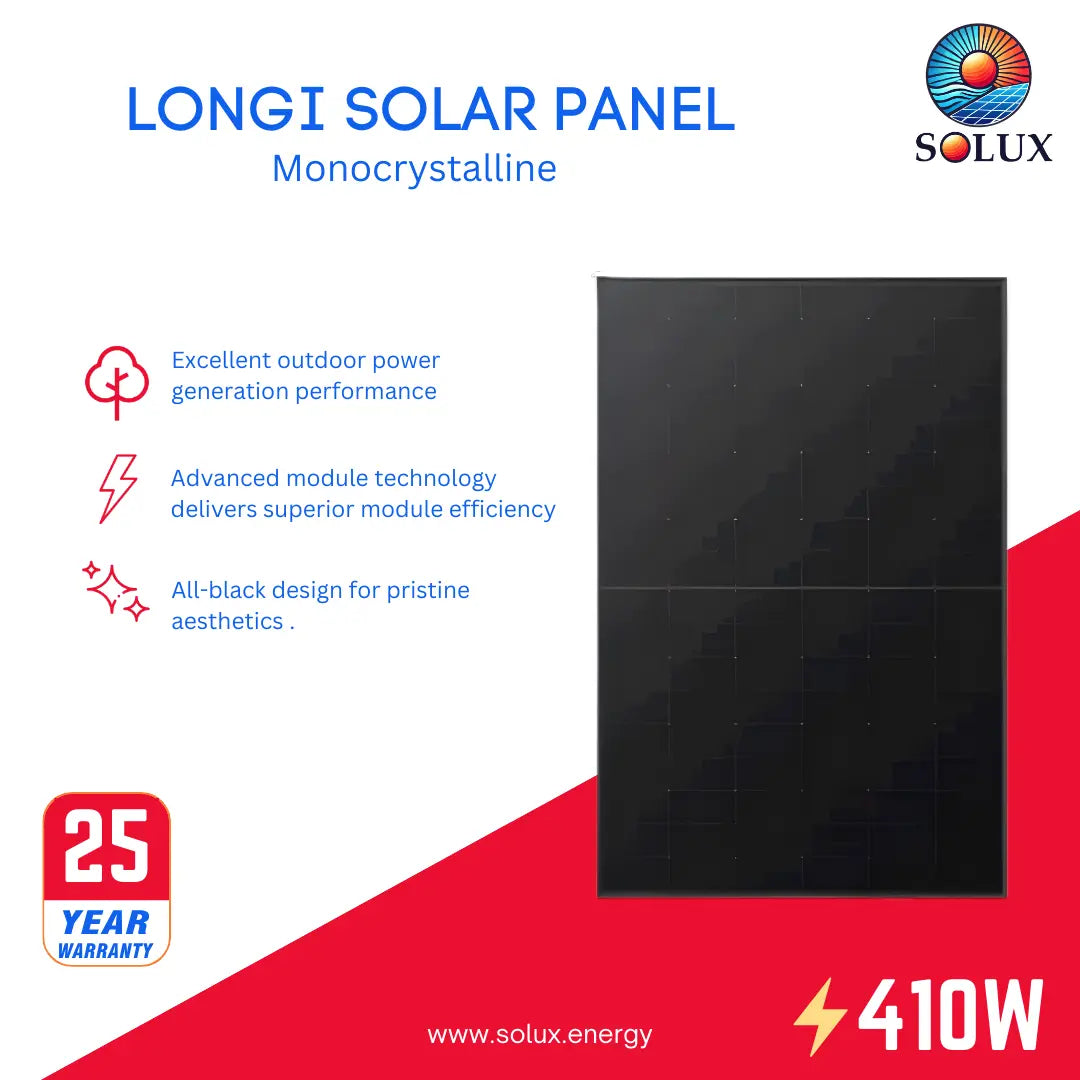 LONGI 410 Watt Solar Panels LR5-54HPB-410M graphic with 25-year warranty, all-black design, and 410W power output.