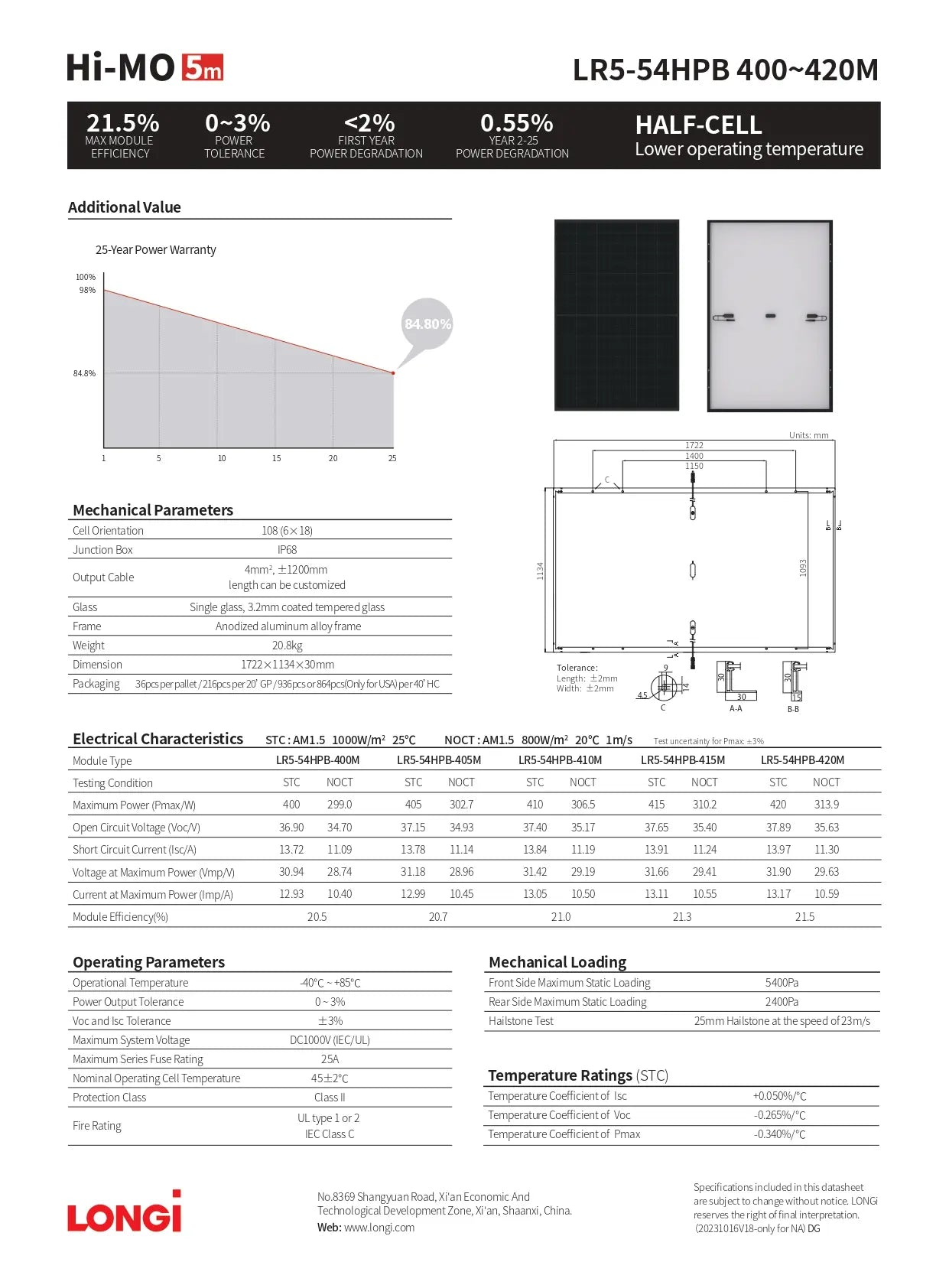 LR5-54HPB-410M buy residential solar panels datasheet showing 410W power, 21.0% efficiency, and 25-year warranty specs.