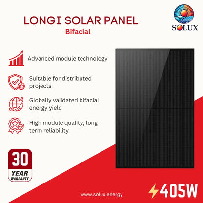 Longi Solar Panel Bifacial 405W solar panel product graphic on a white and red background, featuring the Solux brand logo and marketing text highlighting advanced module technology, distributed project suitability, validated energy yield, and 30-year reliability.