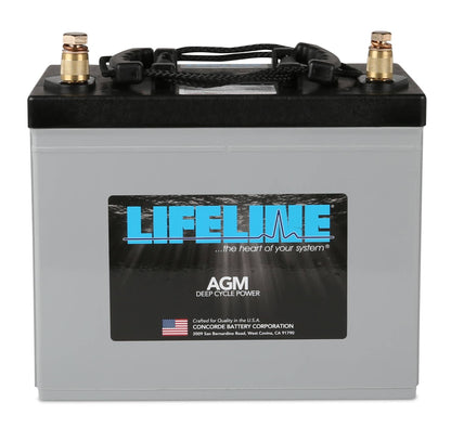 A Lifeline GPL-24T 12V 80Ah AGM Sealed Battery with gold-colored terminals on the top. The battery is labeled with the brand name, battery specifications, and has American flag imagery indicating it is made in the USA.