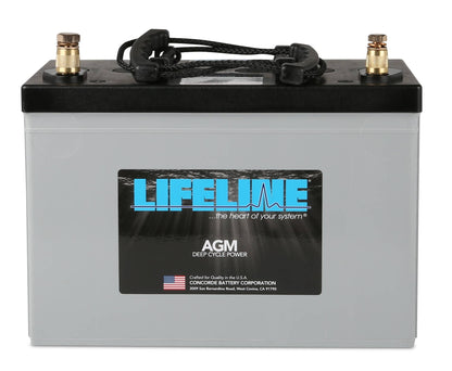 A Lifeline AGM deep cycle power sealed battery with branding and connectors visible on top.