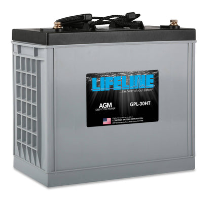 A gray Lifeline AGM GPL-30HT 12V 150Ah sealed battery with brand label and product information on the front