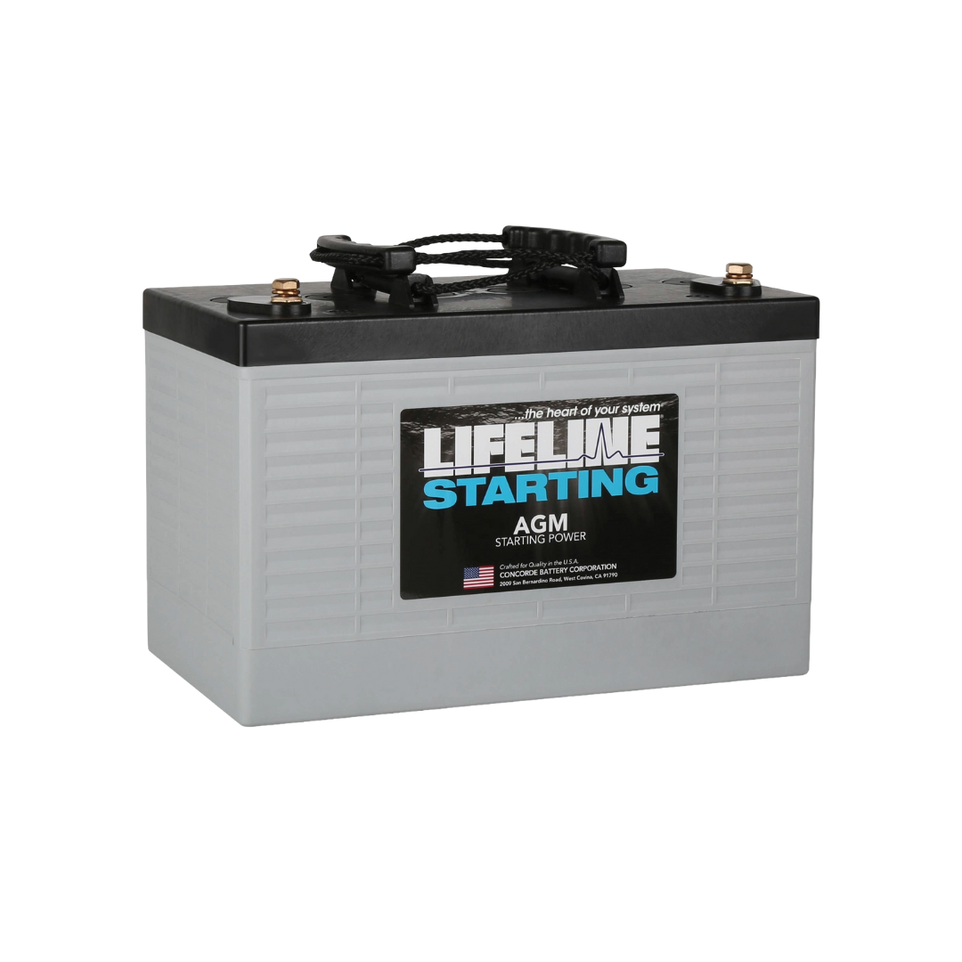Lifeline Battery with 'Lifeline Starting' an AGM starting power battery on a white background