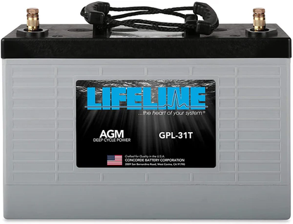 A Lifeline GPL-31T 12V 105Ah AGM Sealed Battery with a gray casing and branding labels, featuring two visible battery terminals.