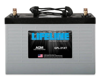 A Lifeline GPL-31XT 12V 125Ah AGM Sealed Battery with a black and gray casing, featuring the Lifeline brand logo and product information.