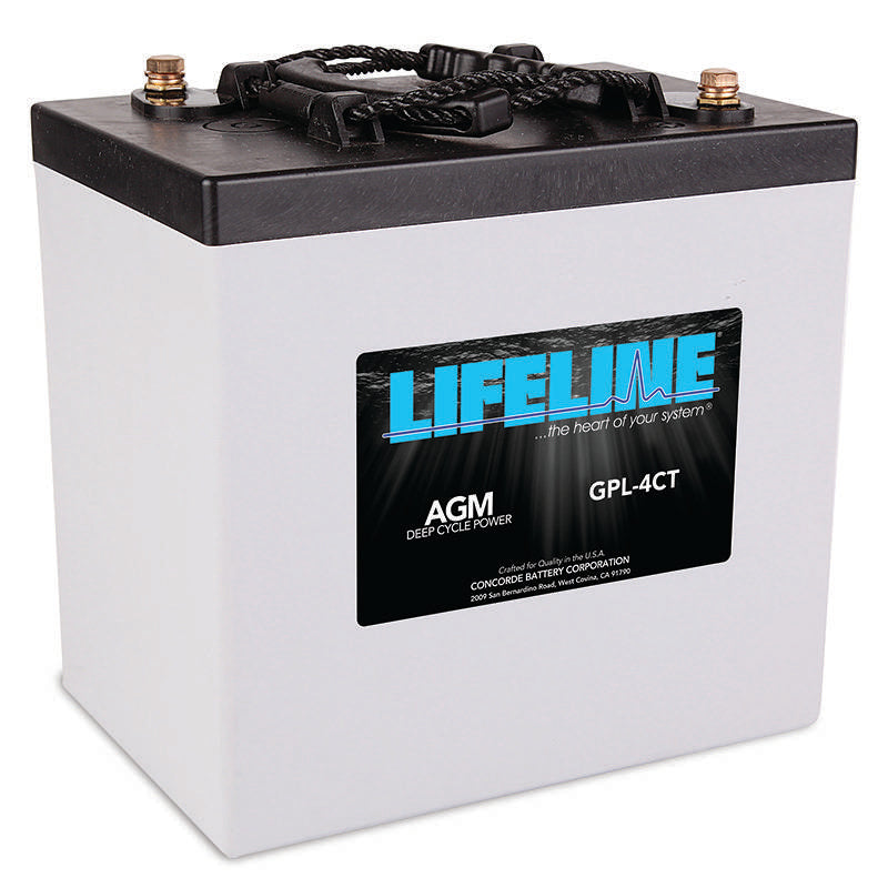 A white Lifeline GPL-4CT 220Ah AGM sealed battery with black terminals and a label featuring the Lifeline brand logo and product information.