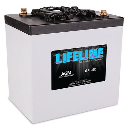 A white Lifeline GPL-4CT 220Ah AGM sealed battery with black terminals and a label featuring the Lifeline brand logo and product information.