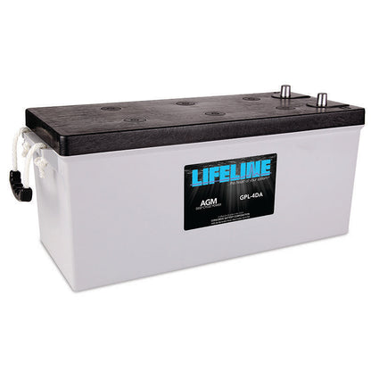 A Lifeline GPL-4DA 12V 210Ah AGM Sealed Battery, predominantly black and gray in color, with brand labeling on the top.
