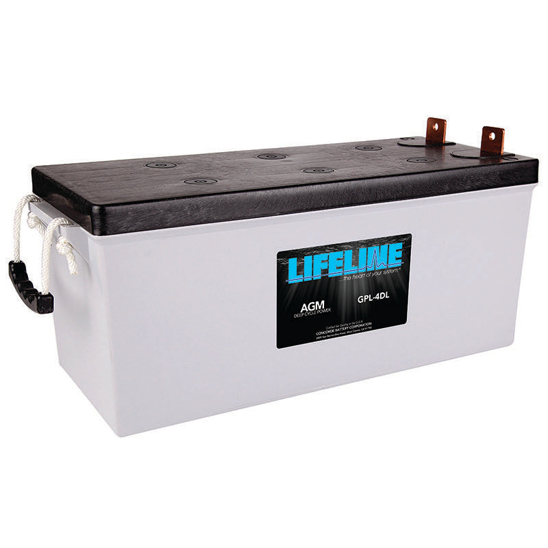 A Lifeline GPL-4DL 12V 210Ah AGM Sealed Battery, predominantly white in color with black terminals on top, labeled with the brand name and battery specifications.