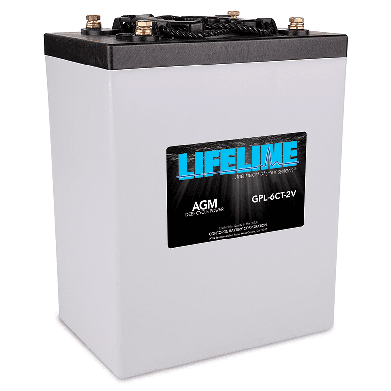 A Lifeline GPL-6CT-2V deep cycle power AGM sealed battery with brand label and model details visible on the front.