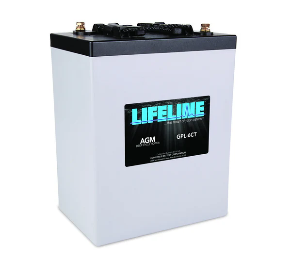 A white Lifeline AGM sealed battery with black terminals visible on top, labeled GPL-6CT 6V 300Ah.
