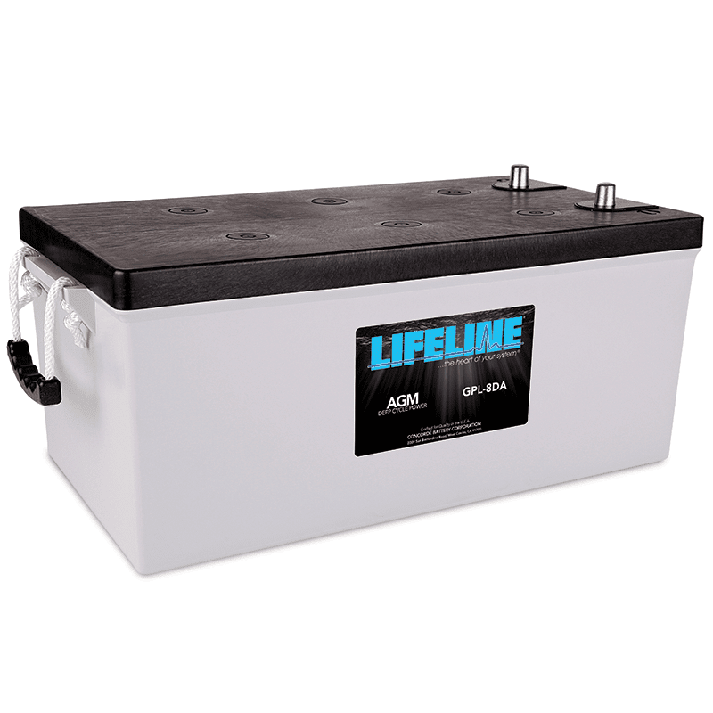 A Lifeline GPL-8DL 12V 255Ah AGM Sealed Battery, predominantly white in color with black terminals on top, branded with the Lifeline logo.