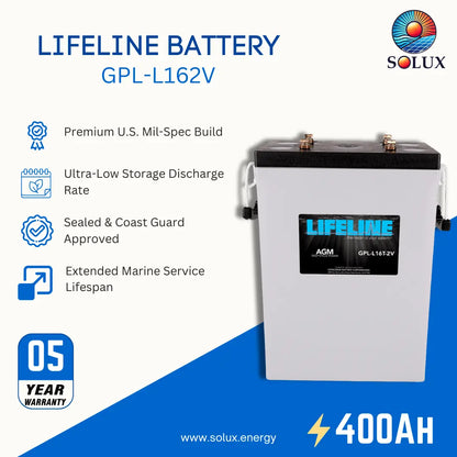 Solux Lifeline Battery GPL-L162V marine battery with a white body, black top, and blue label, shown with product features and specifications on a white and blue background.