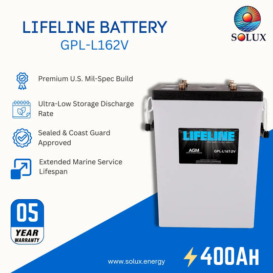 Solux Lifeline Battery GPL-L162V marine battery with a white body, black top, and blue label, shown with product features and specifications on a white and blue background.