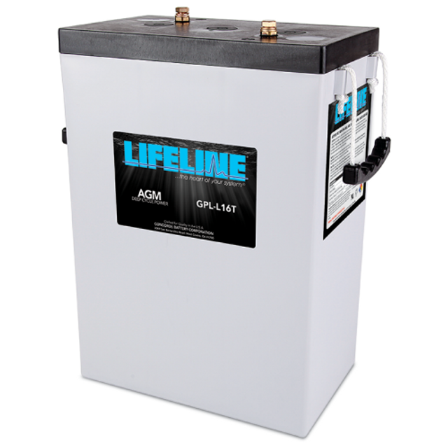 A Lifeline GPL-L16T 6V 400Ah AGM Sealed Battery, predominantly gray in color with some blue and red details on the label.