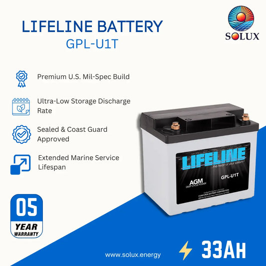 Lifeline Battery GPL-U1T 33Ah marine battery by Solux, shown on a white and blue promotional graphic with feature callouts and a 05-year warranty badge.