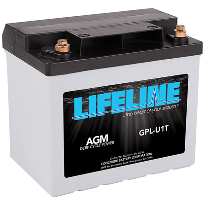 A Lifeline GPL-U1T 12V 33Ah AGM Sealed Battery with branding and model details visible on the label.