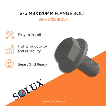 S-5 M8x120mm flange bolt with Solux branding on a white and orange background