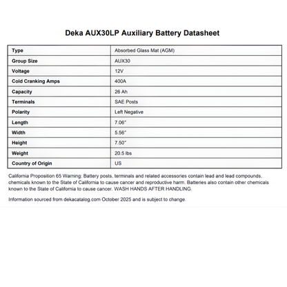 AUX30LP 12 volt 26 ah battery