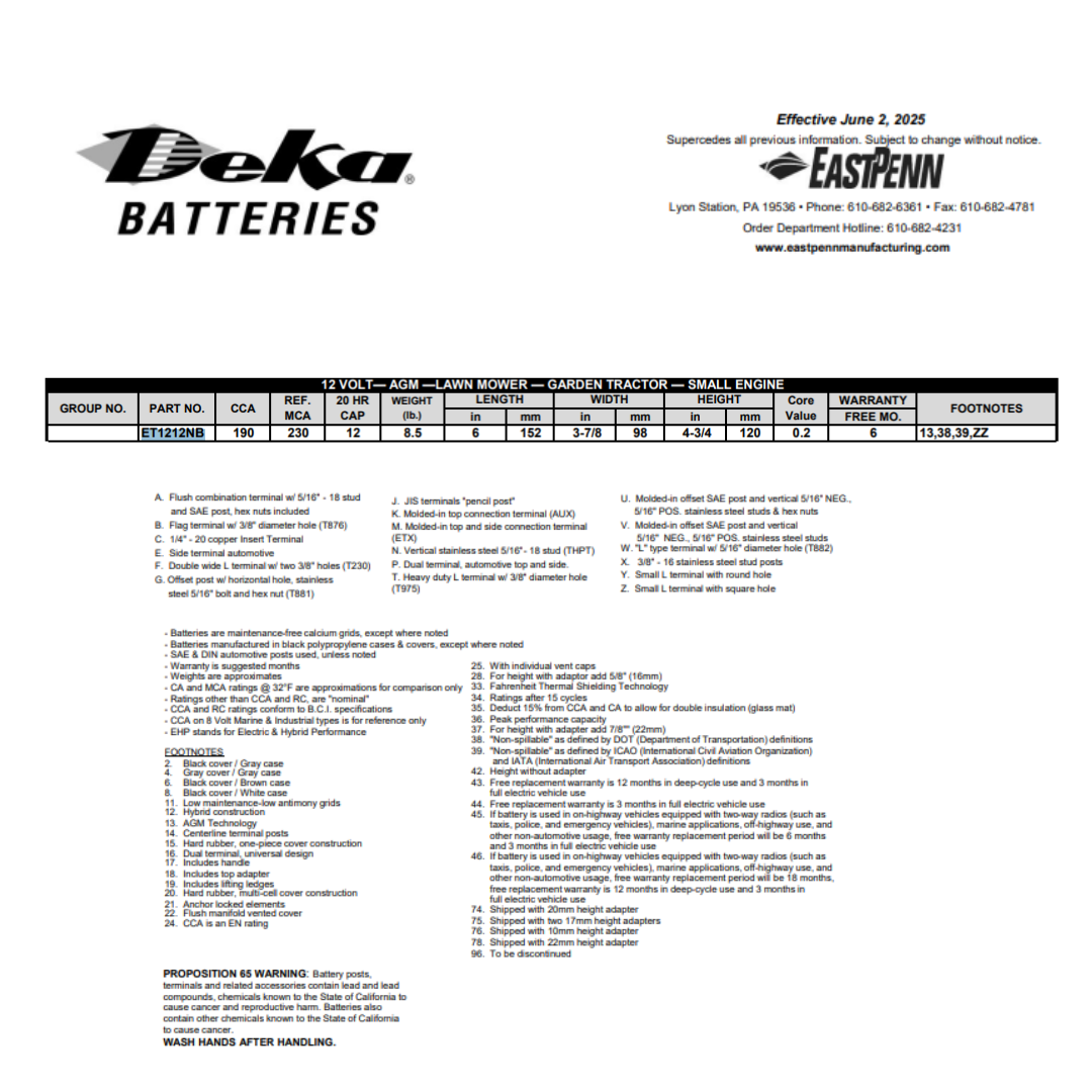 ET1212NB 12v 12ah sla battery