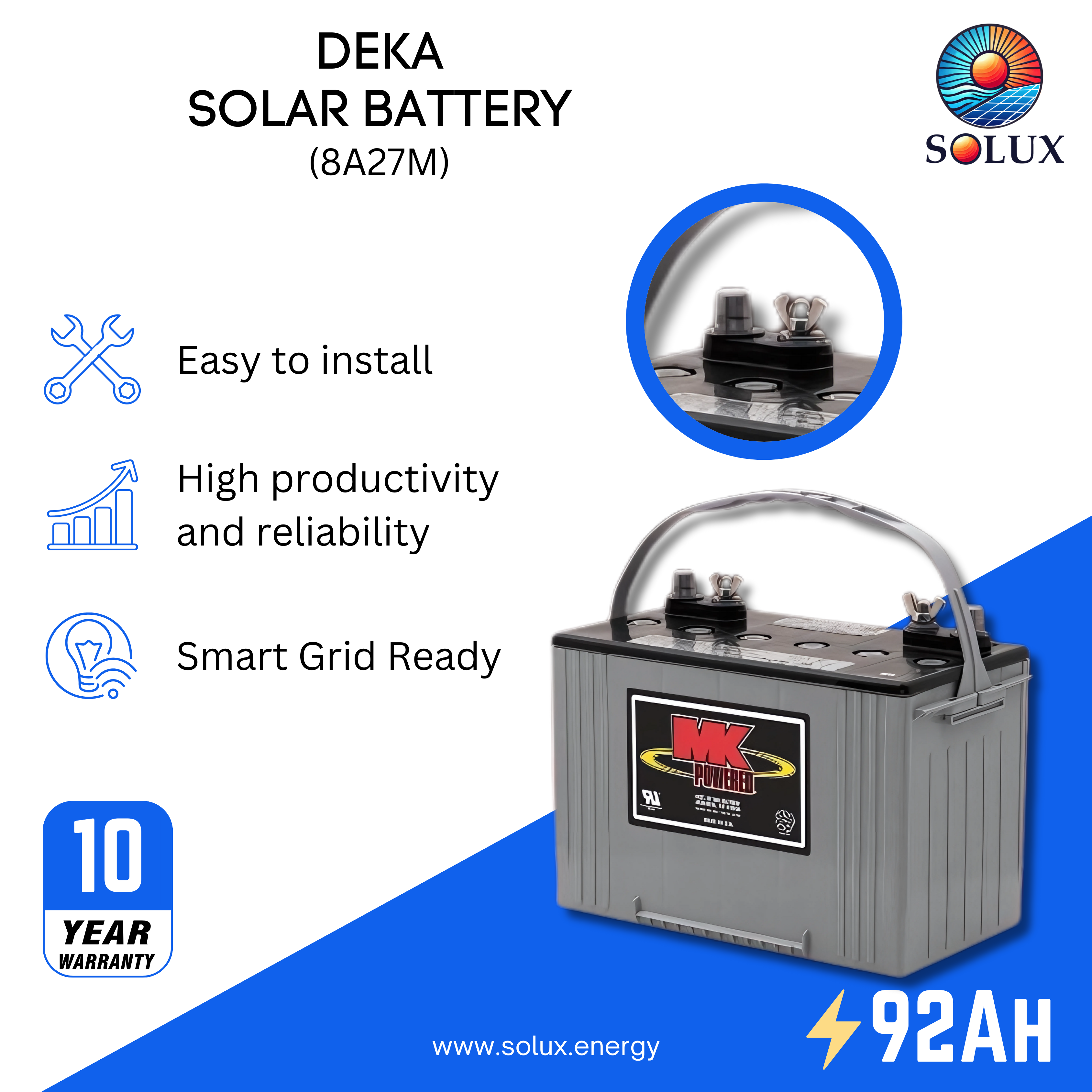 The mk deka 8a27m battery is a high-capacity deep cycle AGM battery, ideal for larger solar and off-grid systems.