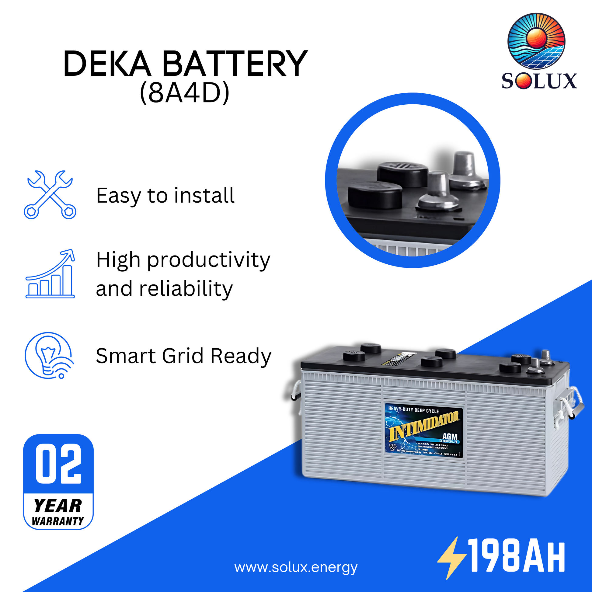 The mk deka 8a4d battery is a high-capacity deep cycle AGM battery, ideal for larger solar and off-grid systems.