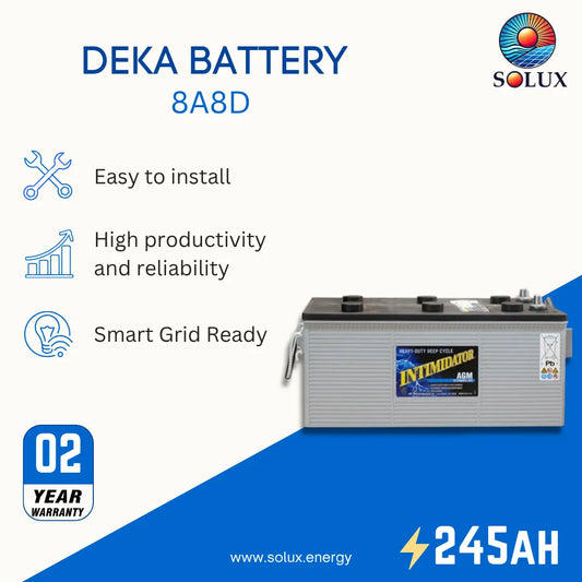 A promotional product graphic for a DEKA BATTERY 8A8D by Solux. The image features a silver and black DEKA battery on the right, alongside marketing text highlighting its features (easy to install, high productivity, smart grid ready) and a 2-year warranty badge on the left.