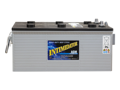 A gray AGM deep cycle battery labeled 'INTIMIDATOR' with product details and branding on the label.