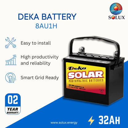 A Deka Battery 8AU1H solar photovoltaic battery by Solux, shown on a white and blue promotional background with feature icons and text including 'Easy to install,' 'High productivity and reliability,' 'Smart Grid Ready,' '02 Year Warranty,' and '32AH.'.